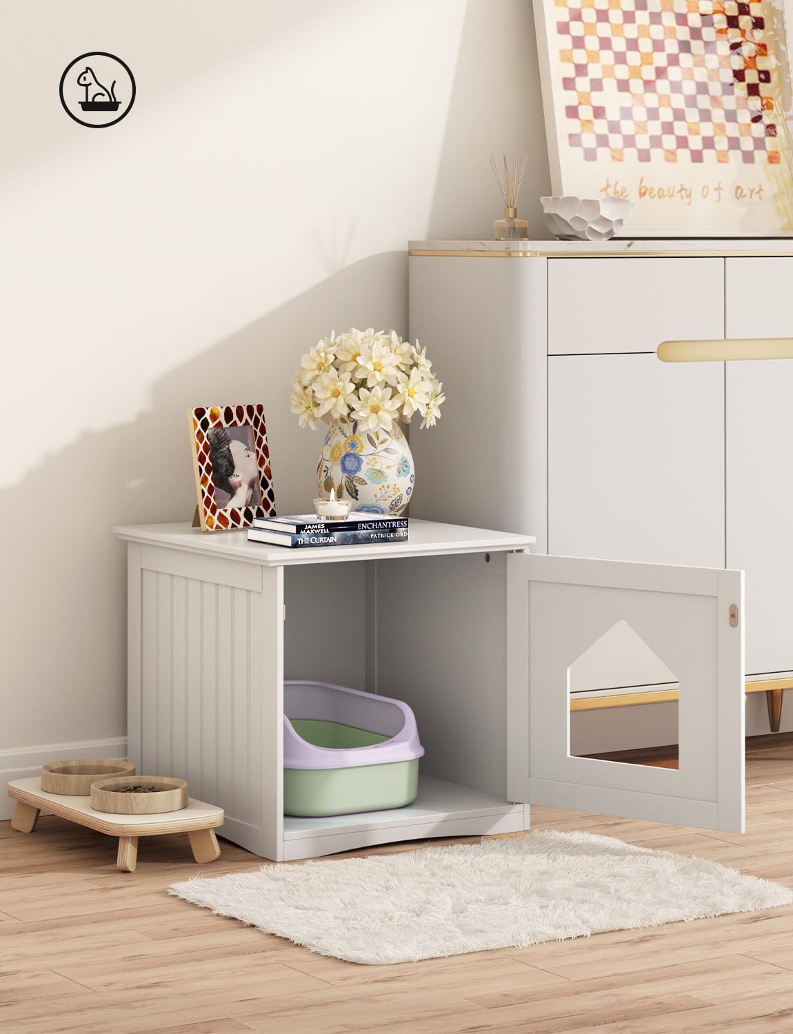 Happaws Cat Litter Box Enclosure Furniture, Modern Box Hidden, Sturdy Wooden Night Stand And Cat House Side Table, Easy Assembly